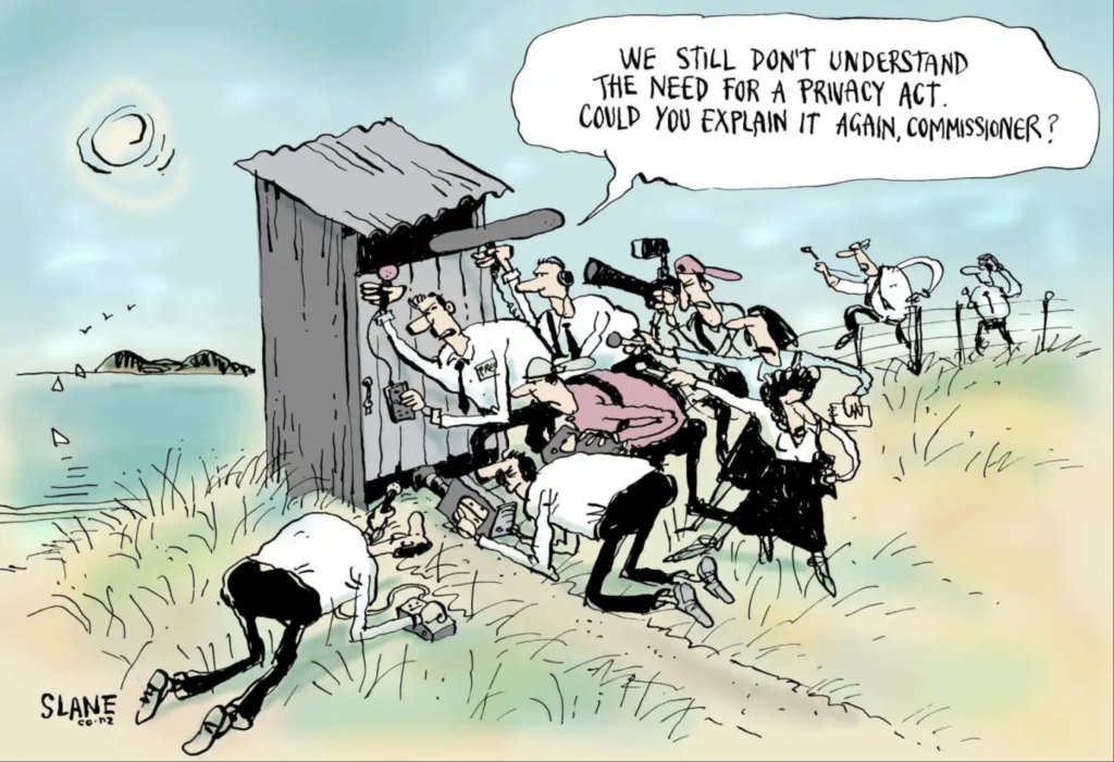 A cartoon of reporters with cameras and mics, surrounding an outhouse with the door closed. A word bubble says "We still don't understand the need for a privacy act. Can you explain it again, commissioner?"