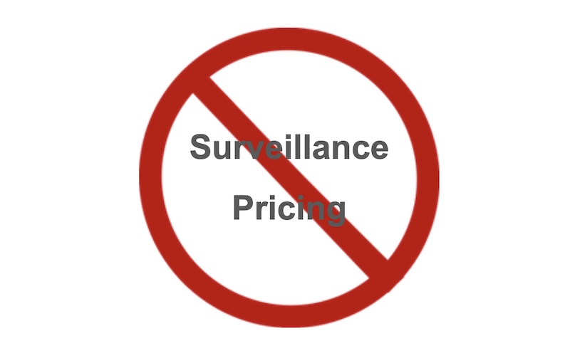 A big red circle with a slash over the words "surveillance pricing"